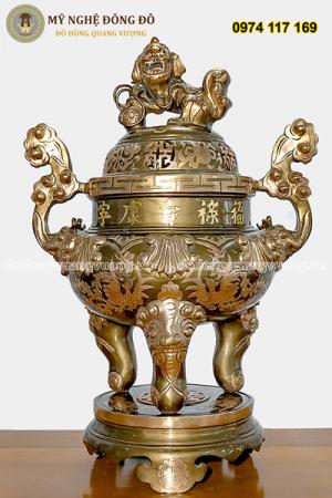 Bộ Đỉnh Đồng Đỏ Cạo Màu Khảm 5 Chữ Hán Vàng