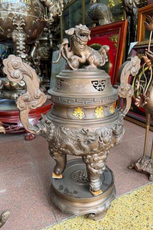 Bộ Đồ Thờ Ngũ Sự - Đỉnh Song Long Đồng Đỏ 3 Chữ Vàng cao 65cm