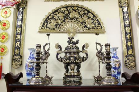 Bộ đỉnh ngũ sự chạm song long chầu đồng nguyệt hàng cao cấp