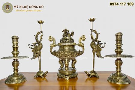 Bộ ngũ sự đỉnh thờ màu hai công nghệ chạm rồng nổi