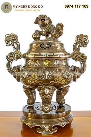 Bộ tam sự đỉnh đồng khảm ngũ sắc chạm sòi tay mây