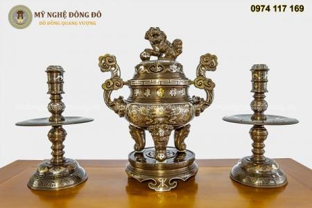 Bộ tam sự khảm ngũ sắc 1 chữ vàng