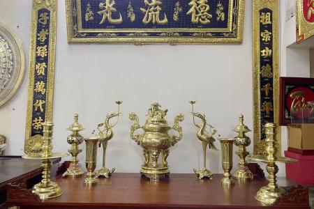 Bộ Ngũ Sự Đỉnh Song Long Chầu Nguyệt Bằng Đồng Cattut Đúc Liền Khối Cao 60cm