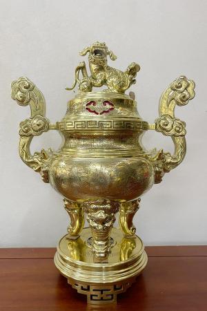 Bộ Ngũ Sự Đỉnh Song Long Chầu Nguyệt Bằng Đồng Cattut Đúc Liền Khối Cao 60cm