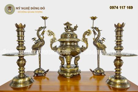 Bộ Ngũ Sự Hai Công Nghệ Chạm Sòi Hun Giả Cổ Khảm 5 Chữ Hán Bạc