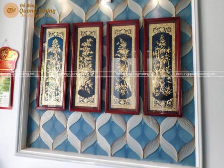 Tranh tứ quý bằng đồng khung gỗ Gõ đỏ 1m1 x 40cm
