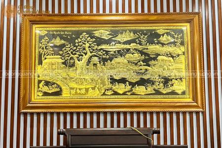 Tranh đồng quê bằng đồng thếp vàng 9999 khung gỗ Gõ đỏ