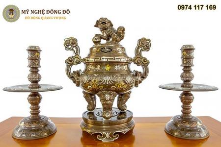 Bộ tam sự đỉnh đồng khảm ngũ sắc chạm sòi tay mây