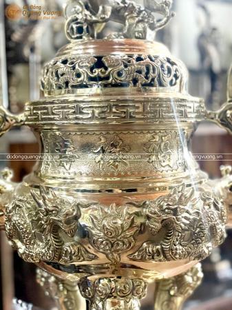 Đỉnh đồng vàng chạm Rồng nổi cao 60cm