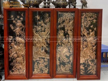 Tranh Tứ quý bằng đồng đỏ khung gỗ Hương rất độc đáo