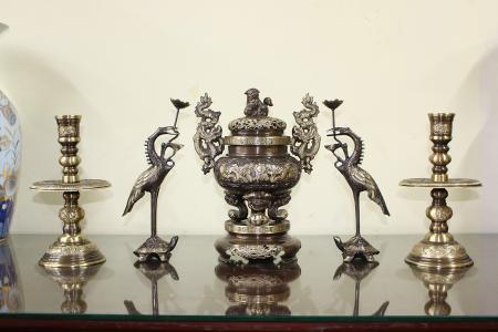 Bộ đỉnh đồng thờ cỡ nhỏ đầy đủ 10 món màu giả cổ