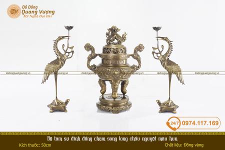 Bộ tam sự đỉnh đồng chạm song long chầu nguyệt màu hun