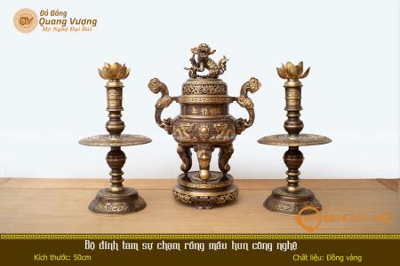 Bộ đỉnh tam sự chạm rồng màu hun công nghệ