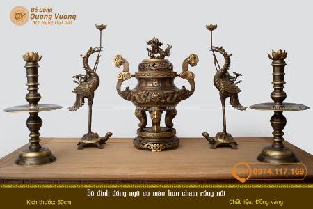 Bộ đỉnh đồng ngũ sự màu hun chạm rồng nổi