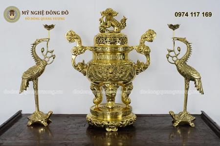 Bộ Đỉnh Đồng Tam Sự Đồng Vàng Chạm Rồng Nổi