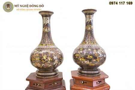 Lọ hoa đồng khảm ngũ sắc cổ cao KT 48 cm