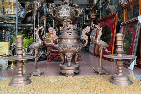 Bộ Đồ Thờ Ngũ Sự - Đỉnh Song Long Đồng Đỏ 3 Chữ Vàng cao 65cm
