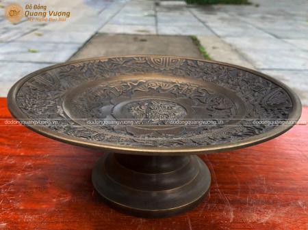 Mâm bồng chữ phúc hóa rồng phượng bằng đồng hạ màu trầm cổ đường kính 25cm