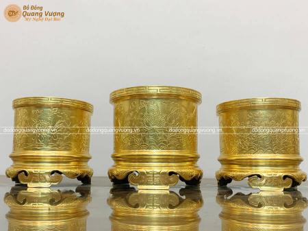 Bộ ba bát hương bằng đồng đỏ ám hoa sen dát vàng 24k