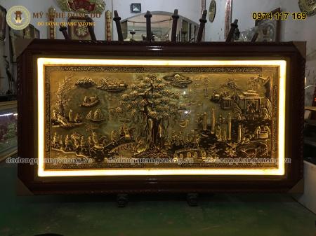 Tranh Vinh Quy Bái Tổ bằng đồng vàng khung gỗ - Đèn Led