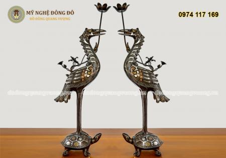 Đôi hạc chầu bằng đồng đỏ ngũ sắc