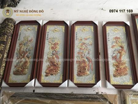 Tranh tứ Quý Tùng Cúc Trúc Mai Đồng Đỏ Mạ Vàng hàng đặt