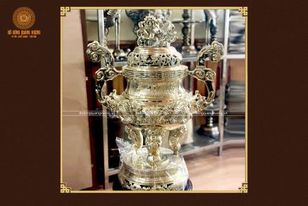 Đỉnh đồng vàng chạm Rồng nổi cao 60cm