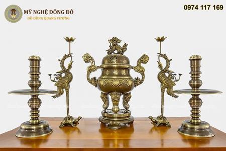 Bộ đồ Thờ Đầy Đủ Bằng Đồng Vàng Hun - 60cm Chạm Hoa Sòi.