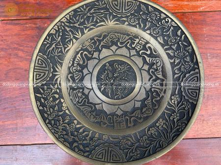 Mâm bồng chữ phúc hóa rồng phượng bằng đồng hạ màu trầm cổ đường kính 25cm
