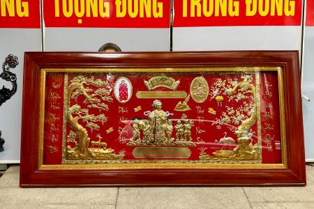 Tranh Mừng Thọ Đồng Liền Tấm Khung Gỗ 81 x 165cm In Hình Chân Dung Cụ Bà
