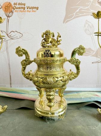 Bộ ngũ sự bằng đồng catut đỉnh chạm hoa sòi cao 60cm