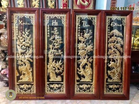Tranh tứ Quý Tùng Cúc Trúc Mai Đồng Đỏ Mạ Vàng hàng đặt