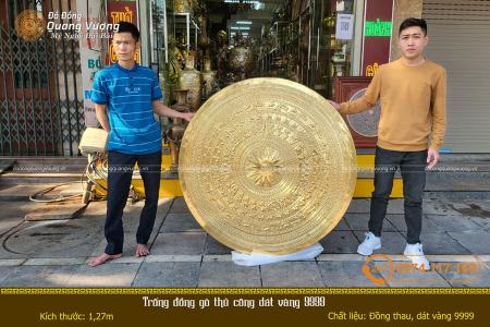 Mặt trống đồng gò thủ công đường kính 1m27 dát vàng 9999