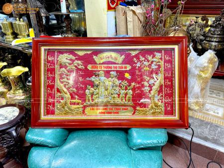 Tranh mừng thọ ông bà bằng đồng liền tấm 63x107cm khung gỗ viền led 