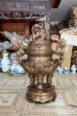 Bộ Tam Sự Bằng Đồng Đỏ Đỉnh Chạm Long Phụng Màu Trầm Cổ Cao 60cm