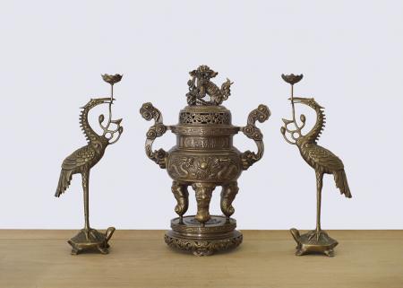 Bộ đỉnh đồng tam sự đồng vàng hun KT 60 cm