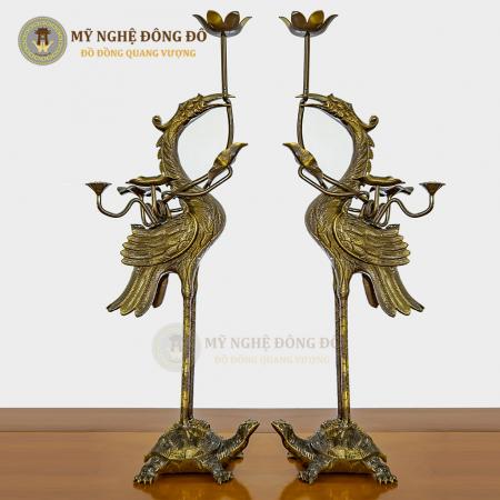 Đôi hạc đồng thờ cúng hun, cánh xòe hoa sen KT 60 cm