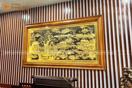 Tranh đồng quê bằng đồng thếp vàng 9999 khung gỗ Gõ đỏ