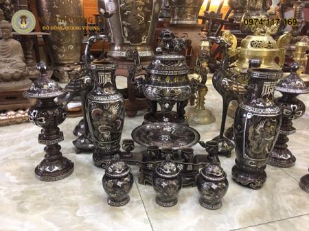 Bộ Ngũ Sự Đồng Đỏ Khảm Ngũ Sắc Đỉnh 50cm Chạm Rồng