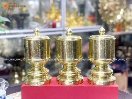 Bộ đài thờ bằng đồng chạm khắc hoa sen đường kính 12cm