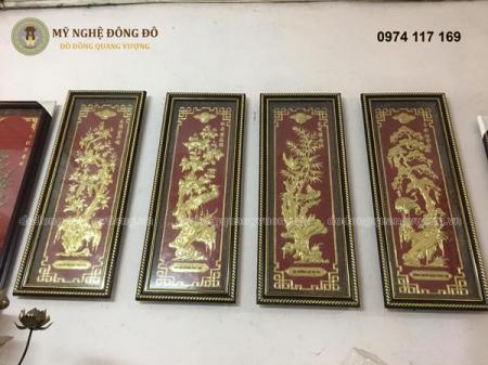 Tranh tứ Quý Tùng Cúc Trúc Mai Đồng Đỏ Mạ Vàng hàng đặt