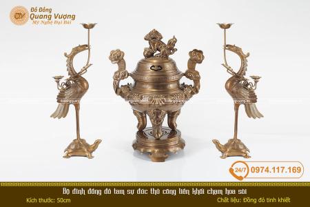 Bộ đỉnh đồng đỏ tam sự đúc thủ công liền khối chạm hoa sòi