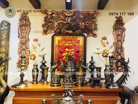 Bộ Đồ Thờ Khảm Ngũ Sắc Đỉnh - 70cm Chạm Hoa Sòi Tai Mây