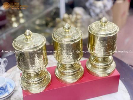 Bộ đài thờ bằng đồng chạm khắc hoa sen đường kính 12cm