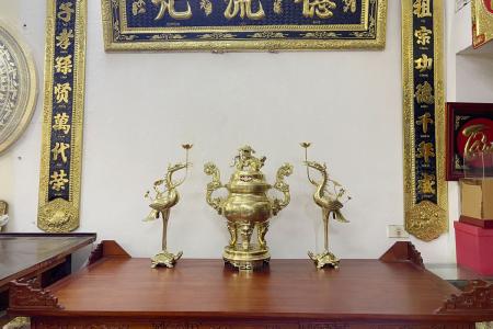 Bộ Tam Sự Đỉnh Song Long Chầu Nguyệt Bằng Đồng Cattut Đúc Liền Khối Cao 60cm