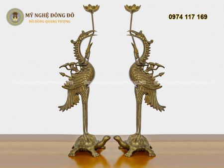 Đôi hạc đồng cánh xòe đồng vàng hun màu KT 60 cm