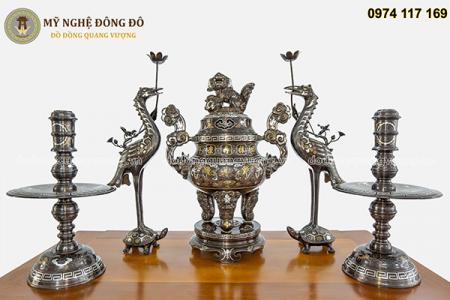 Bộ đỉnh đồng chạm rồng khảm ngũ sắc 5 chữ vàng