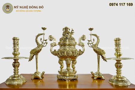 Bộ đỉnh đồng song long chầu nguyệt vàng bóng