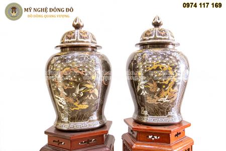 Đôi chóe đồng thờ cúng, chóe đồng khảm ngũ sắc KT 62 cm