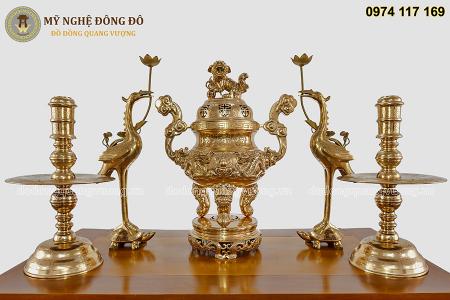 Bộ ngũ sự đồng đỏ đúc liền khối chạm rồng